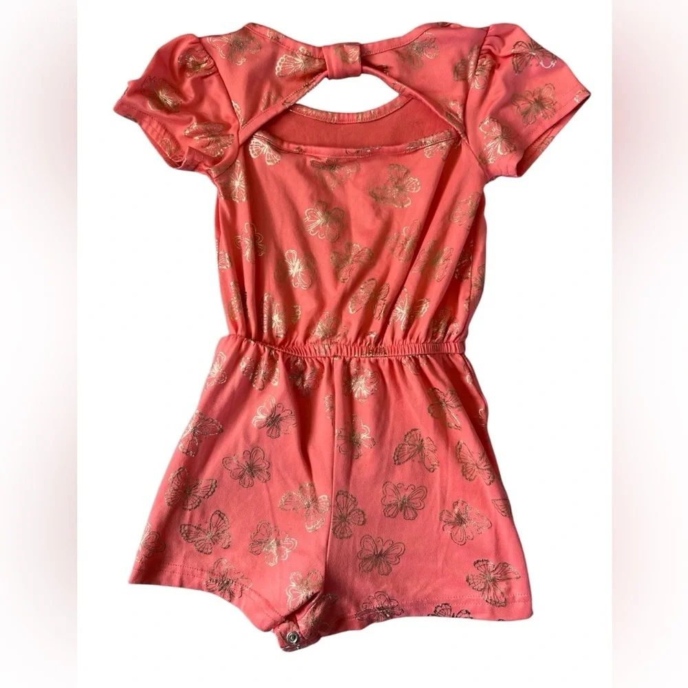 Picapino Toddler Girl Pink and Gold Butterfly Romper | 24 M